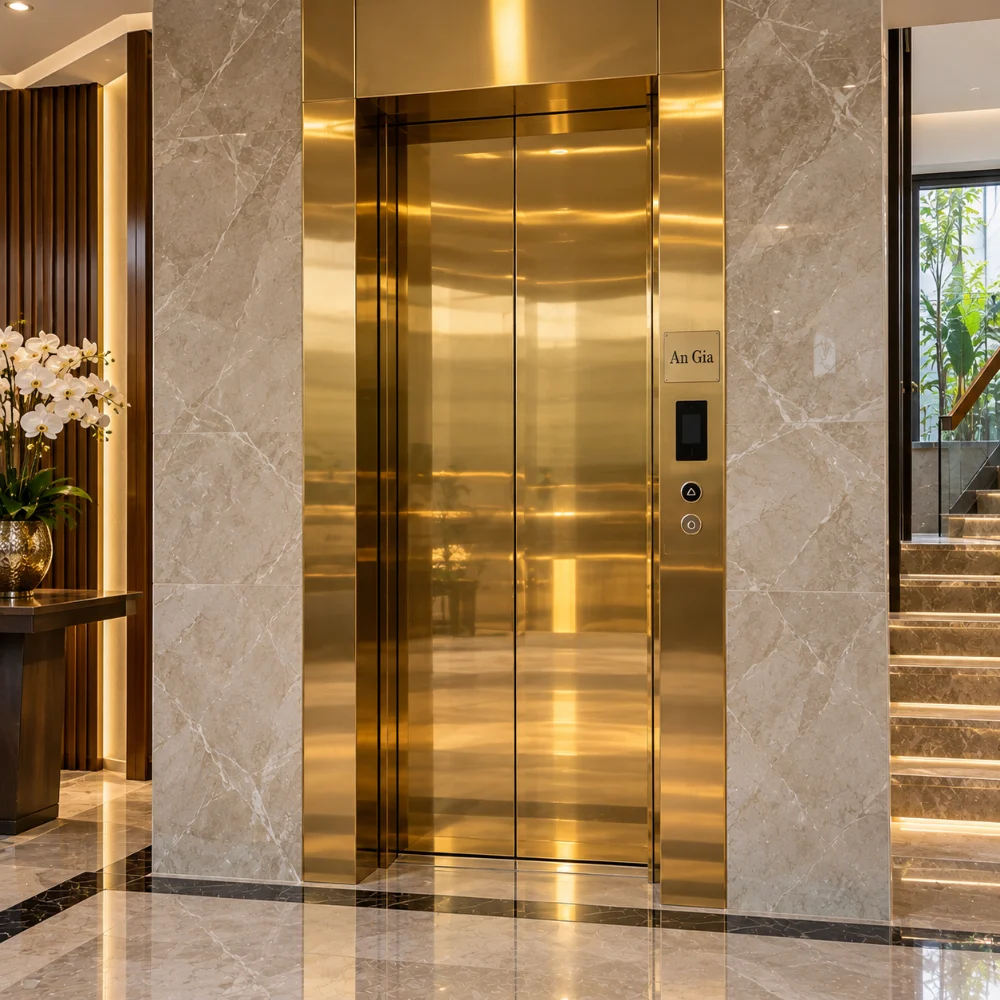 Cửa tầng tự động inox gương vàng